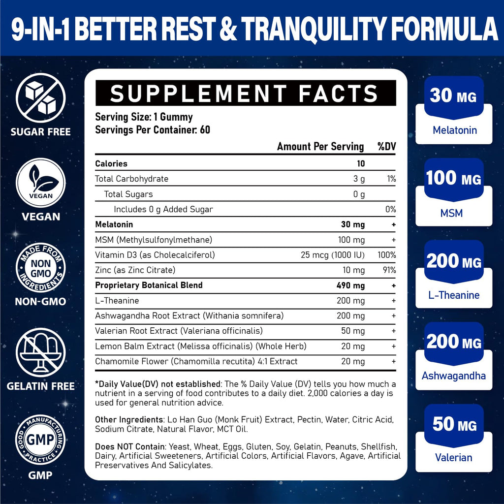 Melatonin Gummies 30mg for Adults: Maximum Strength Melatonin Supplement | with L-Theanine, Ashwagandha, MSM, Vitamin D3 & Zinc - Non-Habit Forming, Natural Mixed Berry Flavor 120 Count