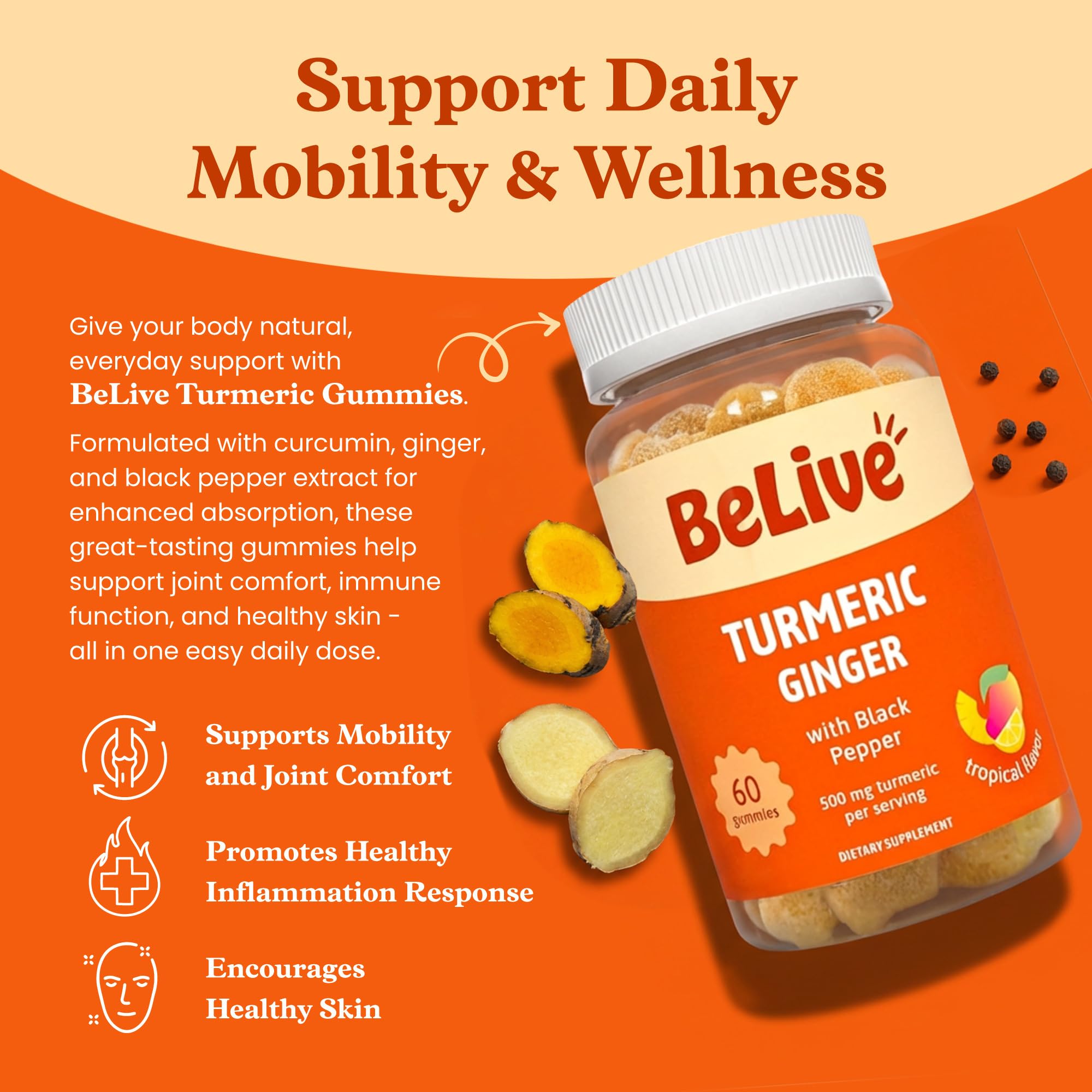 BeLive Turmeric and Ginger Gummies for Joint and Mobility Support 120 Count | 500mg Turmeric Curcumin Supplement with Black Pepper for Enhanced Absorption, Immune & Antioxidant Support, Tropical Flavor
