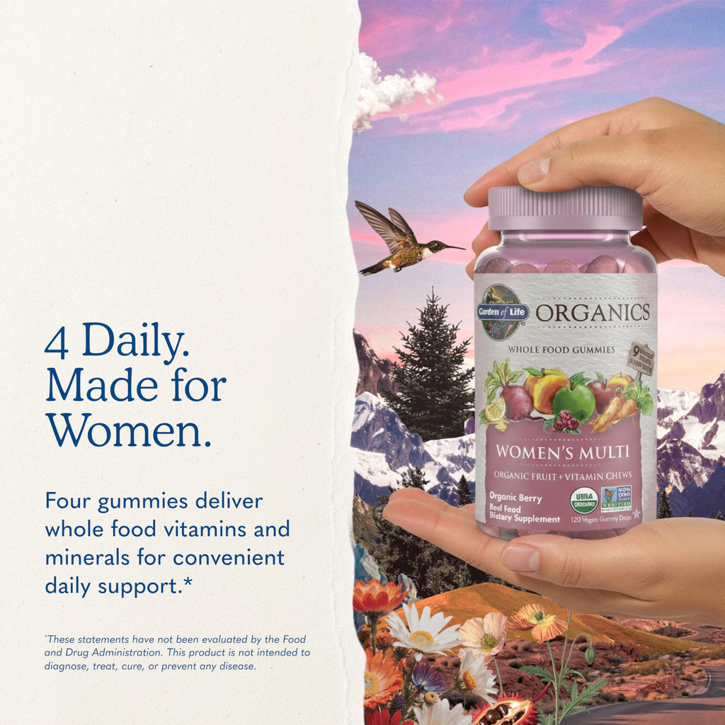 Garden of Life Organics Women's Gummy Vitamins - Berry - Certified Organic, Non-GMO, Vegan, Kosher Complete Multi - Methyl B12, C & D3 - Gluten, Soy & Dairy Free, 120 Real Fruit Gummies