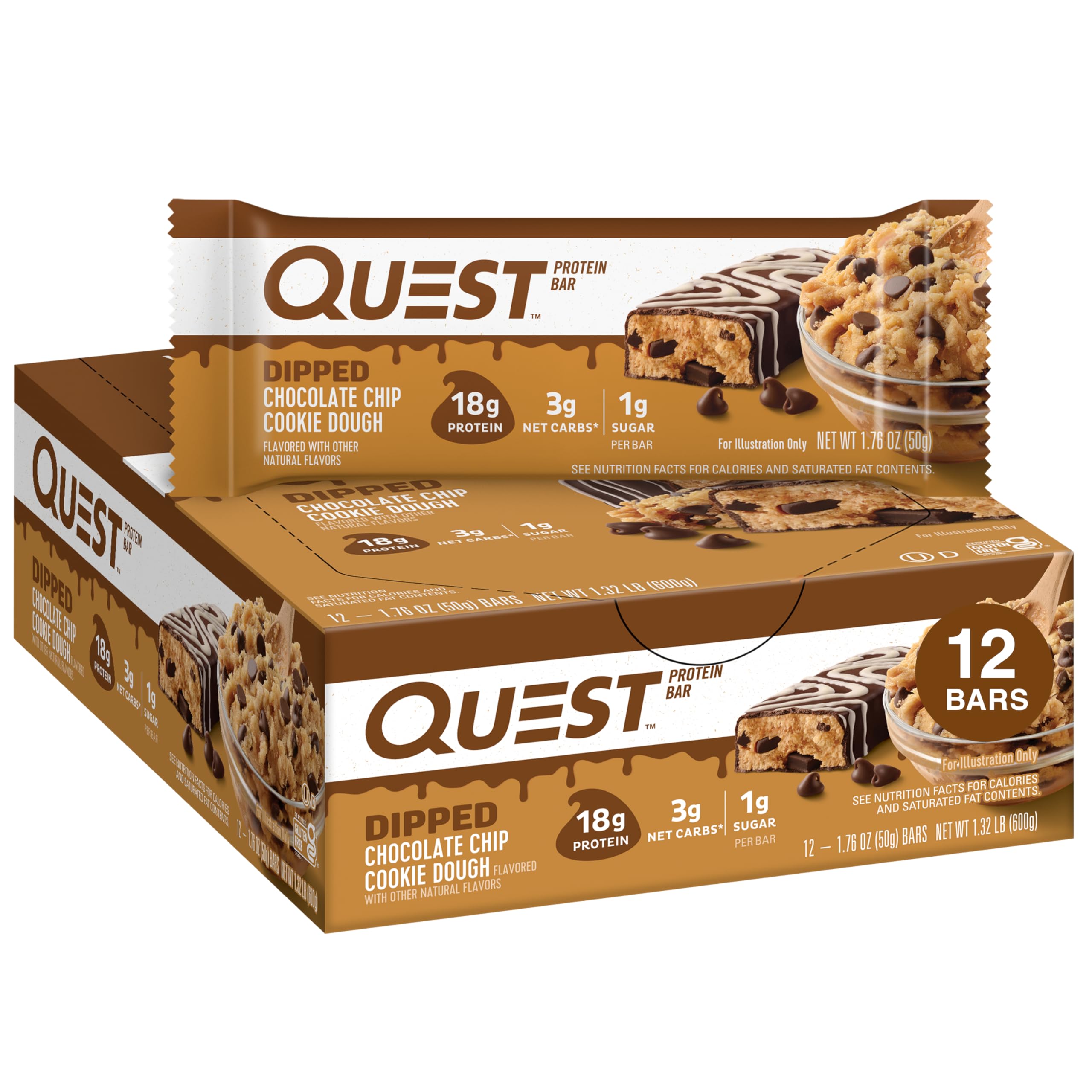 Buy now Quest Nutrition Chocolate Brownie Protein Bar, 20g Protein, 1g Sugar, 4g Net Carb, High Fiber, Gluten Free, 12 Count Dipped Chocolate Chip Cookie Dough 1 Count (Pack of 1) at indiglob india