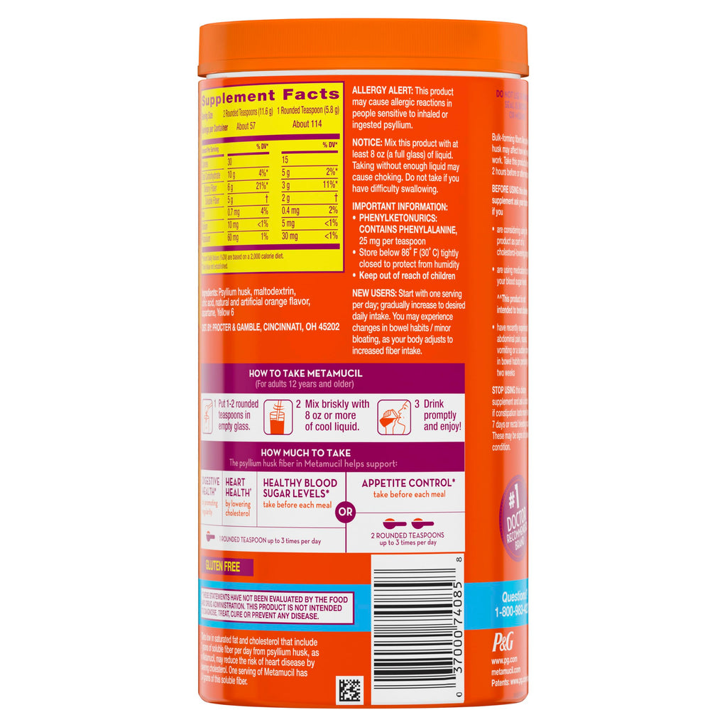 Metamucil 4-in-1 Psyllium Husk GLP-1 Friendly Fiber Supplement, Sugar-Free, 114 teaspoons, Orange Flavored, Daily Fiber Powder for Digestive Health, made with Plant-Based Psyllium Husk Fiber