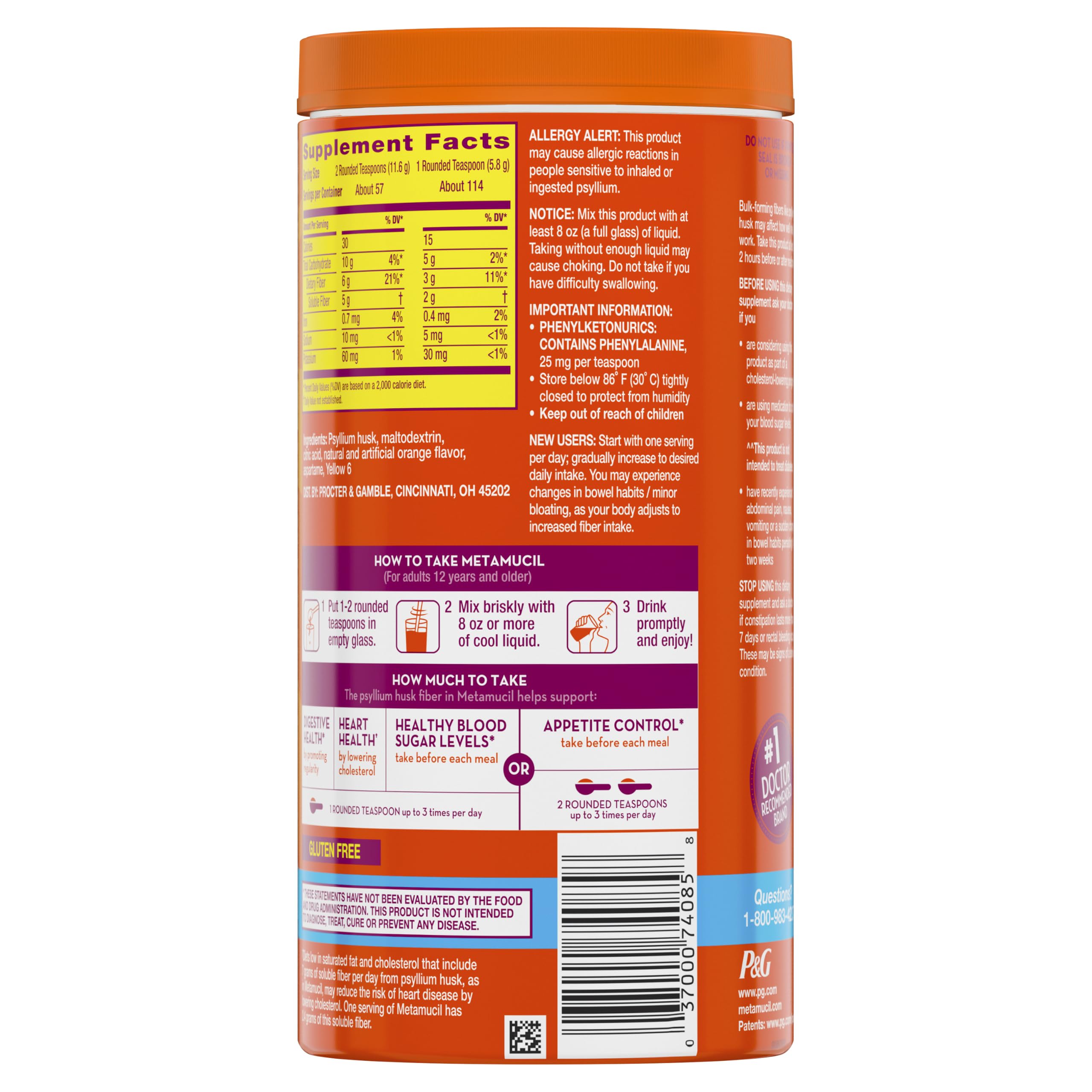 Metamucil 4-in-1 Psyllium Husk GLP-1 Friendly Fiber Supplement, Sugar-Free, 114 teaspoons, Orange Flavored, Daily Fiber Powder for Digestive Health, made with Plant-Based Psyllium Husk Fiber