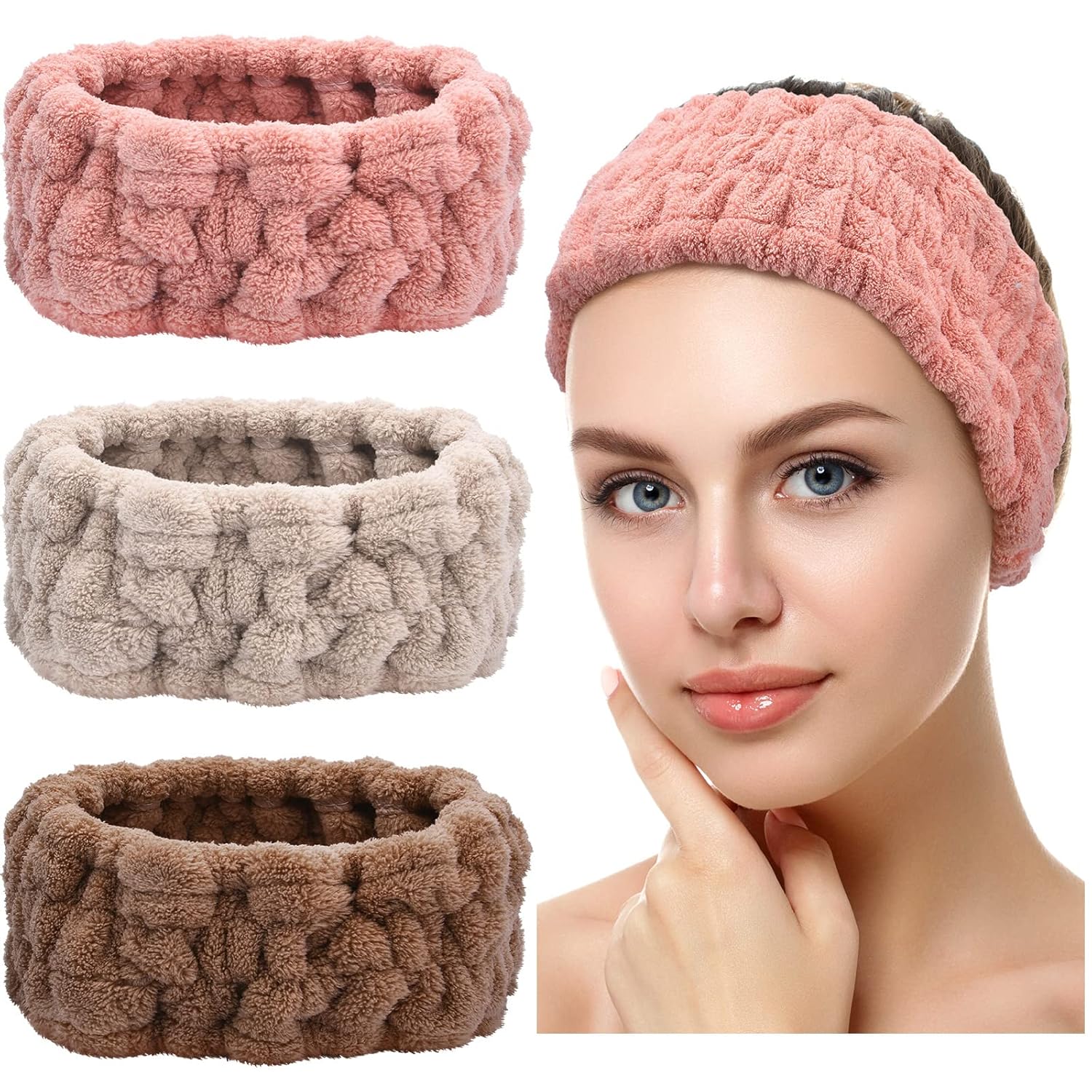 Buy now Chuangdi 3 Pieces Spa Headband for Women Facial Makeup Headband Soft Terry Cloth Hairband for Washing Face Mask Spa Shower Gifts(Dark Pink, Dark Blue, Milky-White) Pink, Gray, Dark Brown at indiglob india