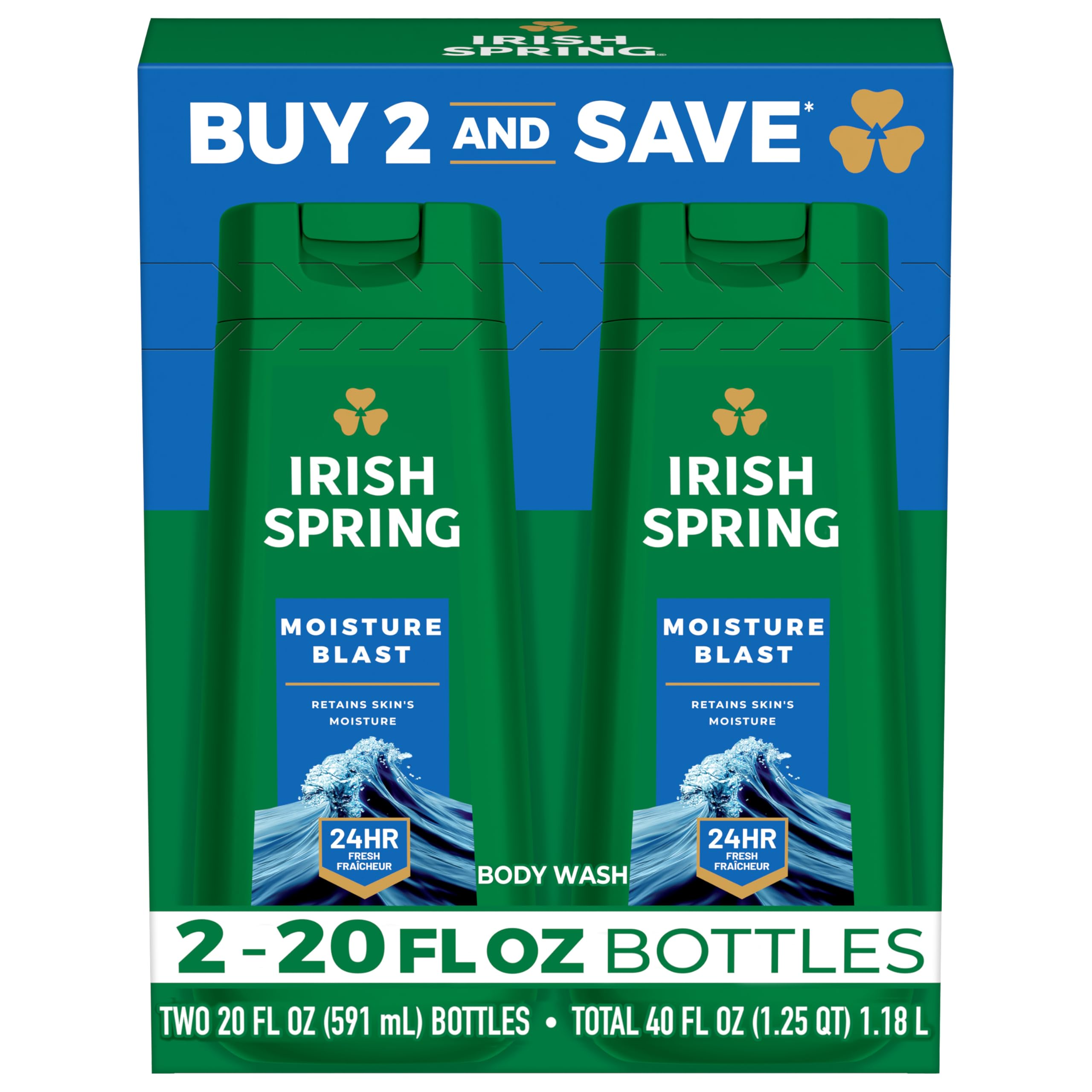 Irish Spring Original Moisturizing Body Wash for Men, 24-Hour Fresh, Face and Body Wash, Men’s Body Wash, Biodegradable Ingredients, Paraben Free, Cool Fresh Scent, 20 fl oz Bottle (2 Pack)