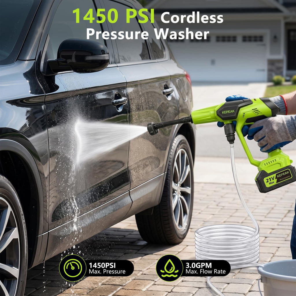 Cordless Pressure Washer, 1450 PSI Portable Handheld Power Washer with 6-in-1 Nozzle, 2 x 4.0Ah Batteries & Charger, for Cars/Fences/Driveways/Homes/Patios
