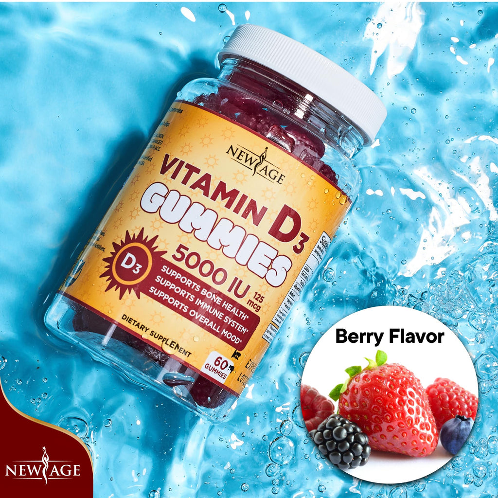 NEW AGE Vitamin D3 5000 IU 125mcg Gummies - Immune Supplement - Non-GMO, Gluten-Free, Dairy-Free, No Gelatin (120 Gummies (Pack of 2))