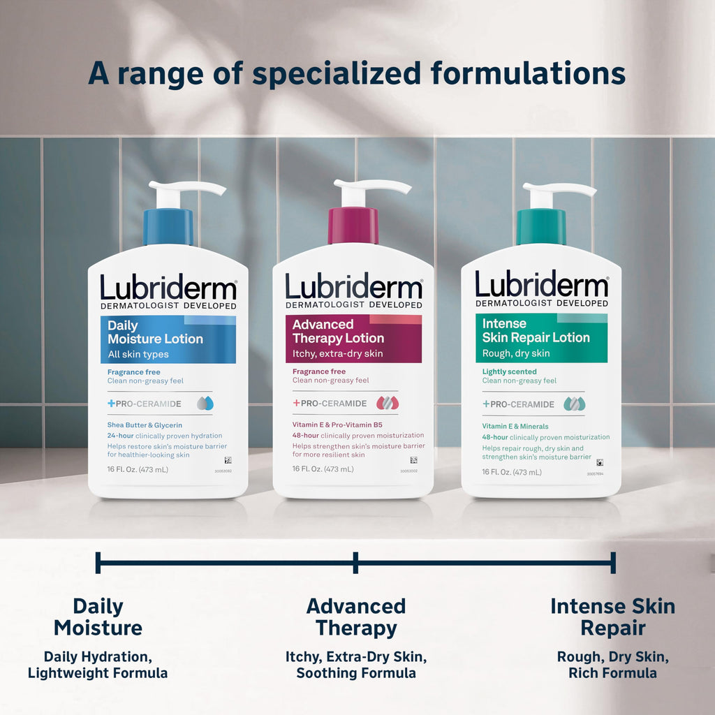 Lubriderm Fragrance Free Daily Moisture Lotion + Pro-Ceramide, Shea Butter & Glycerin, Face, Hand & Body Lotion for Sensitive Skin, Hydrating for Healthier-Looking Skin, 16 fl. Oz (Pack of 3)