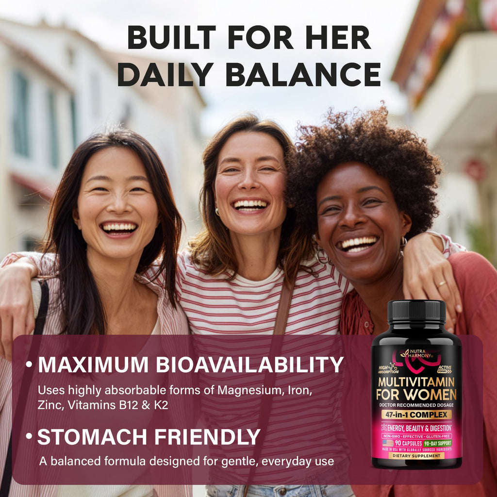 Multivitamin for Women 47in1 - B-Complex, Biotin, D3 & K2, Iron - 90 Caps | Womens Multivitamin - Whole Foods | Hair Growth Support | Digestion & Metabolism - Bioavailable & Gentle on Stomach - 1/Day