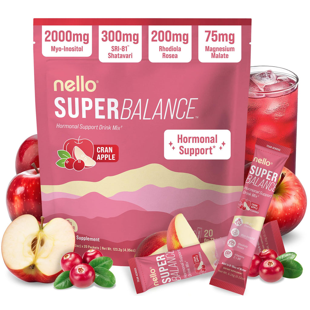 Nello Superbalance Hormonal Support Drink Mix, SRI-81 Shatavari, Myo-Inositol, Rhodiola Rosea, Vitamin C, Magnesium, Theobromine (20 Servings, Cran Apple)
