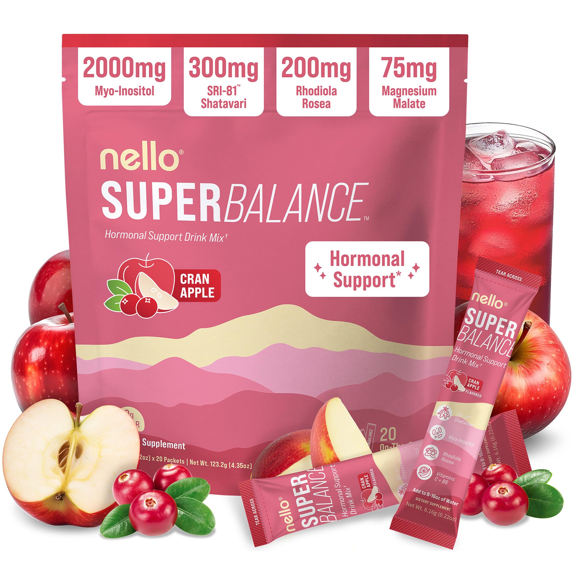 Nello Superbalance Hormonal Support Drink Mix, SRI-81 Shatavari, Myo-Inositol, Rhodiola Rosea, Vitamin C, Magnesium, Theobromine (20 Servings, Cran Apple)