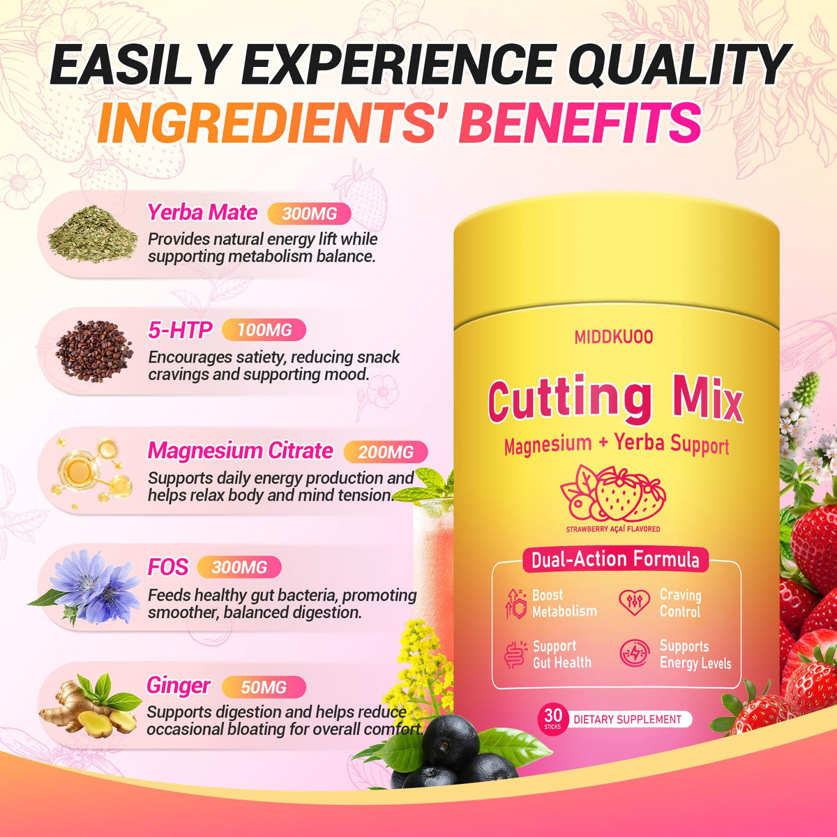 Cutting Drink Mix – Dual-Action Satiety Signaling, Energy & Digestive Health with Berberine, Chromium, FOS, Yerba Mate & 5-HTP | Vegan, Sugar-Free, Non-GMO - 30 Sticks
