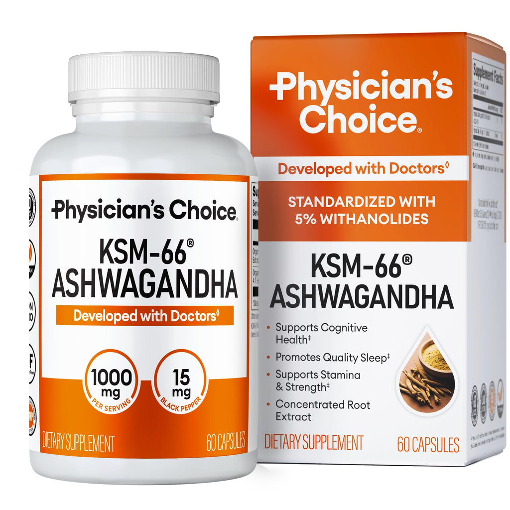 Physician's CHOICE KSM-66 Ashwagandha Root Extract 1,000mg, Organic, 60ct | Stress, Mood & Athletic Support, 5% Withanolides with Black Pepper Extract for Maximum Absorption, Vegan