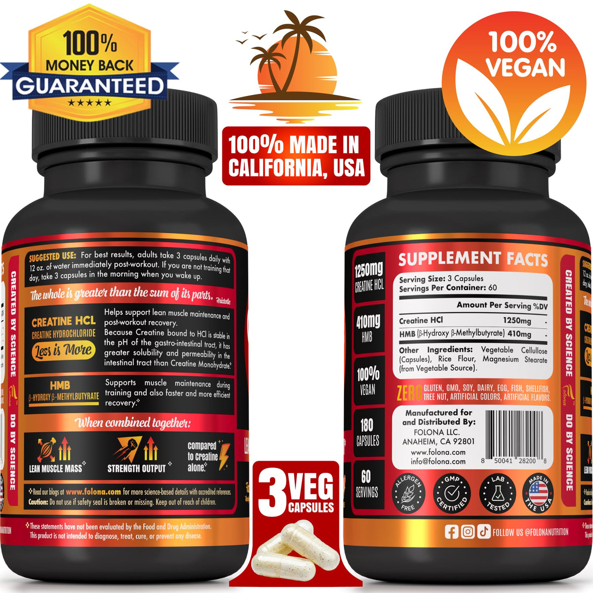 FOLONA Creatine HCL Capsules with HMB for Men & Women, 180 Vegan Capsules