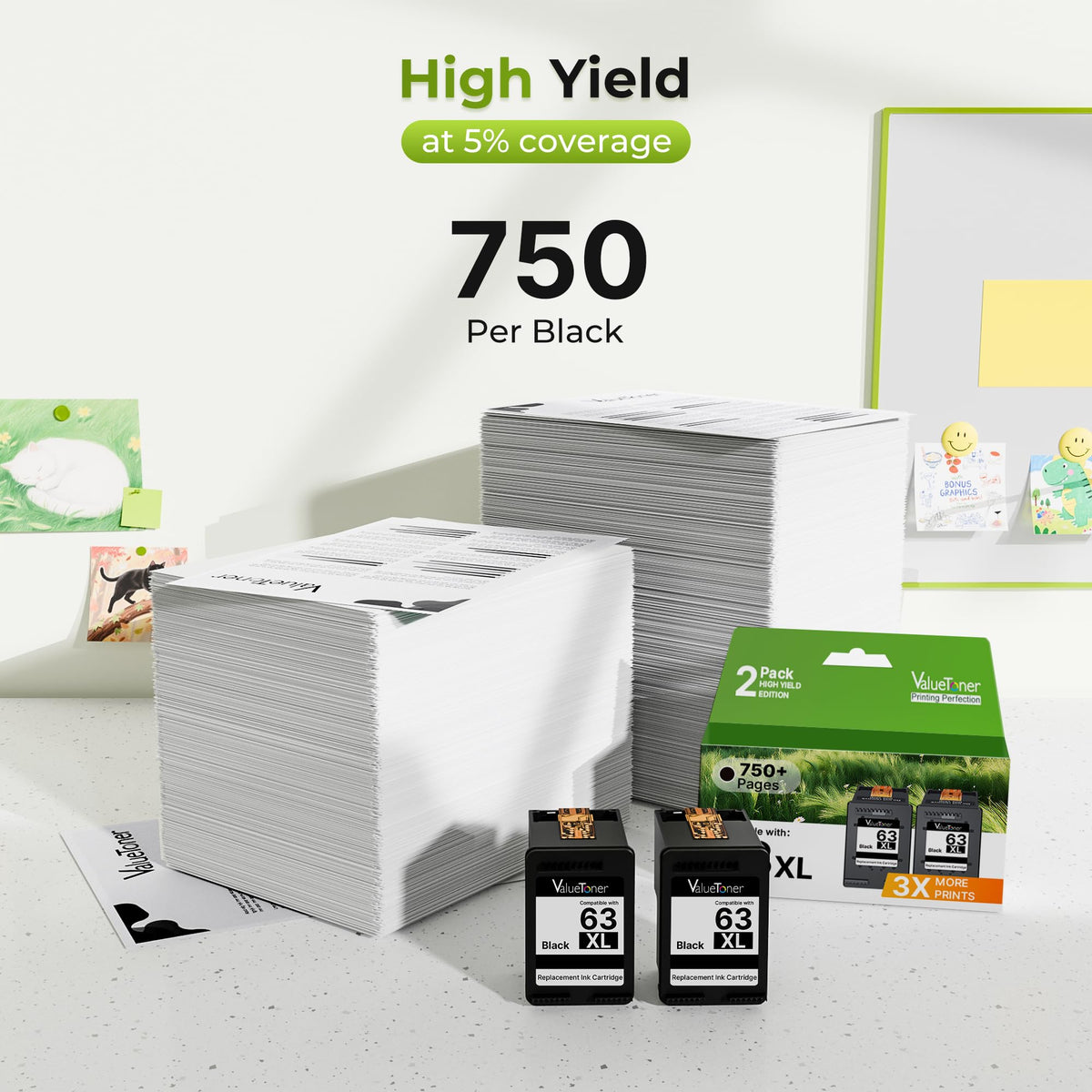 63XL Black Ink Cartridge Compatible for HP 63 Black Ink Cartridge 2-Black