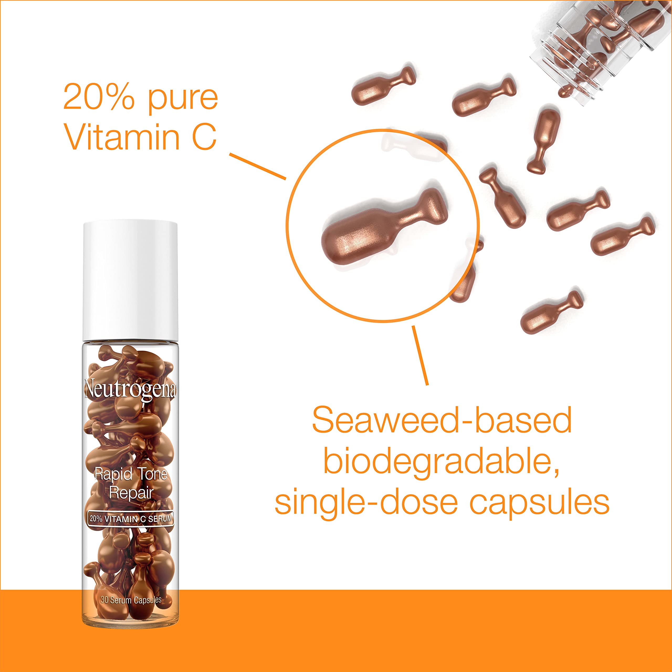 Buy now Neutrogena Rapid Tone Repair 20% Vitamin C Brightening Serum Capsules, Antioxidant Face Serum to Brighten Look of Dark Spots & Even Skin Tone, Oil-Free, 30 Serum Capsules at indiglob india