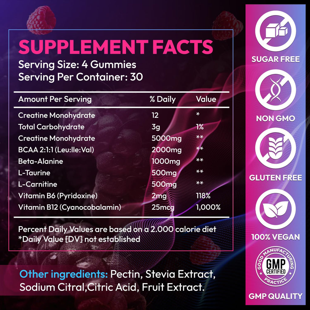 Creatine Monohydrate Gummies 5000MG, Creatine Gummy for Men & Women 120Ct | Pre-Workout for Adults, Creatine Gummy with L-Taurine, BCAA 2:1, B12/6 for Muscle Support, Enhance Strength, Energy Boost