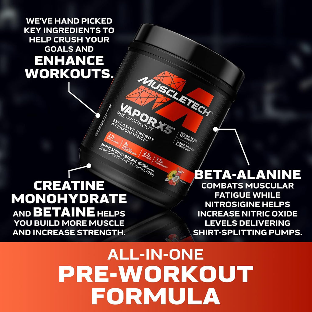 Buy now MuscleTech Pre-Workout Powder, Vapor X5 - Sports Nutrition Muscle Building Supplements for Women & Men - Intense Muscle Pump Energy Powder Drink Mix - Miami Spring Break, 272g (30 Servings) at indiglob india