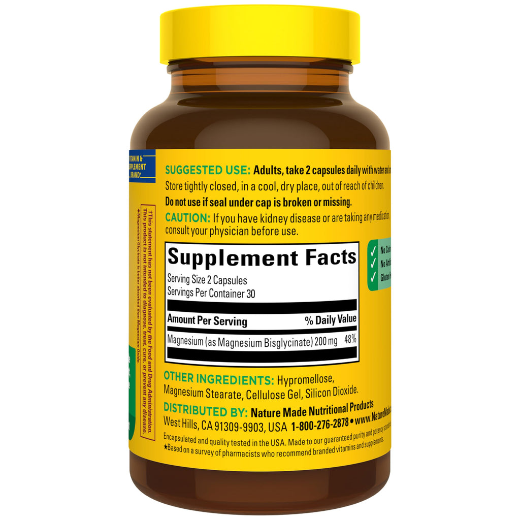 Nature Made Magnesium Glycinate 200 mg per Serving, 60 Capsules | High Absorption Magnesium Supplement for Muscle, Heart and Bone Support, Magnesium Bisglycinate Capsules, 30 Day Supply