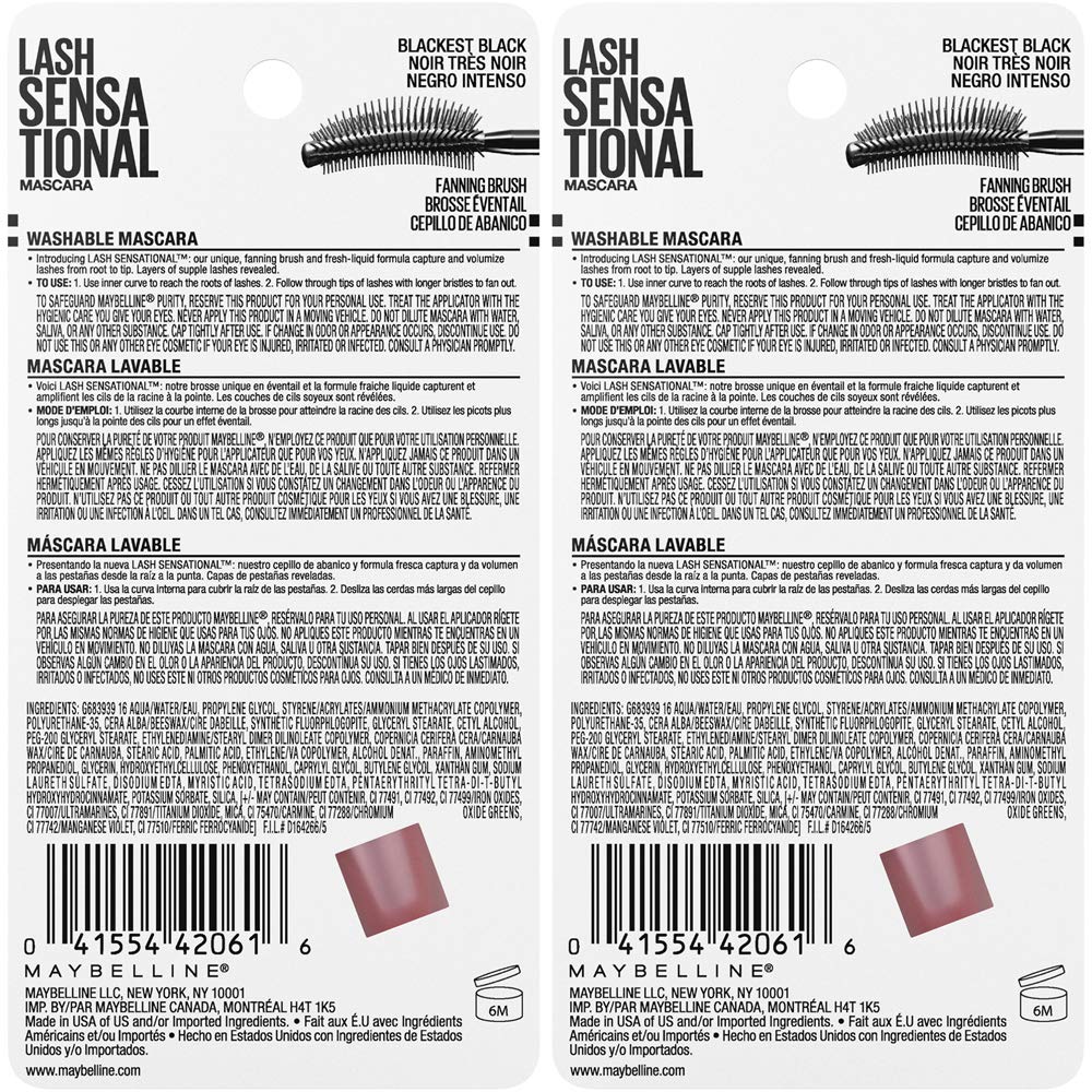 Buy now Maybelline Lash Sensational Washable Mascara, Lengthening and Volumizing for a Full Fan Effect, Blackest Black, 2 Count at indiglob india