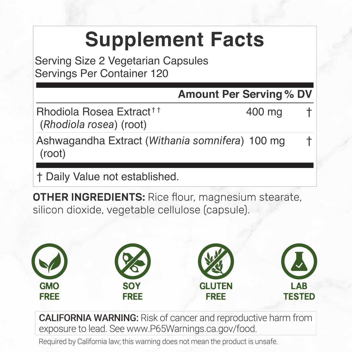 DEAL SUPPLEMENT Rhodiola Rosea & Ashwagandha, 240 Veggie Capsules