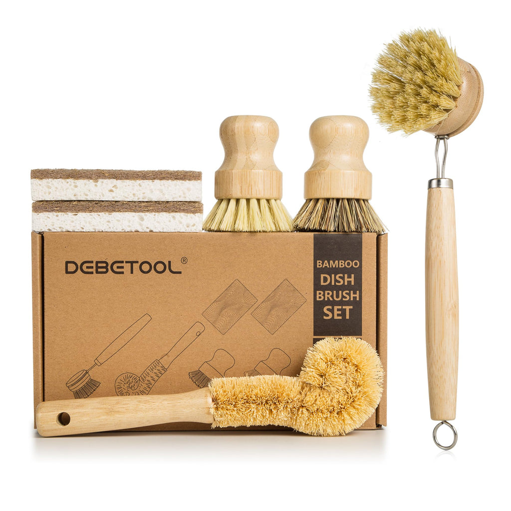 DEBETOOL 6-Piece Bamboo Dish Brush Set with Coconut Sponge