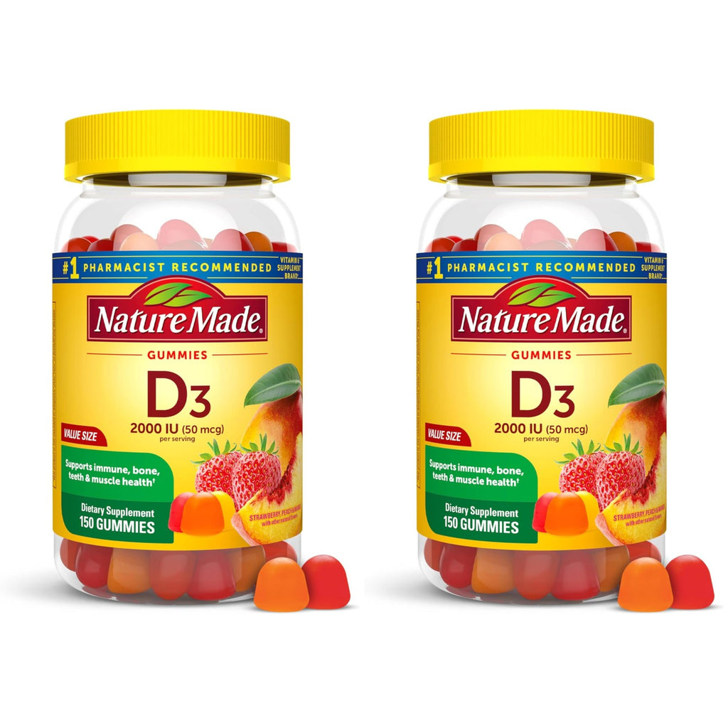 Nature Made Vitamin D3 2000 IU Per Serving Gummies,Bone,Teeth,Muscle and Immune Health Support,75 Day Supply,150 Vitamin D Gummies for Adults,(Pack of 2)