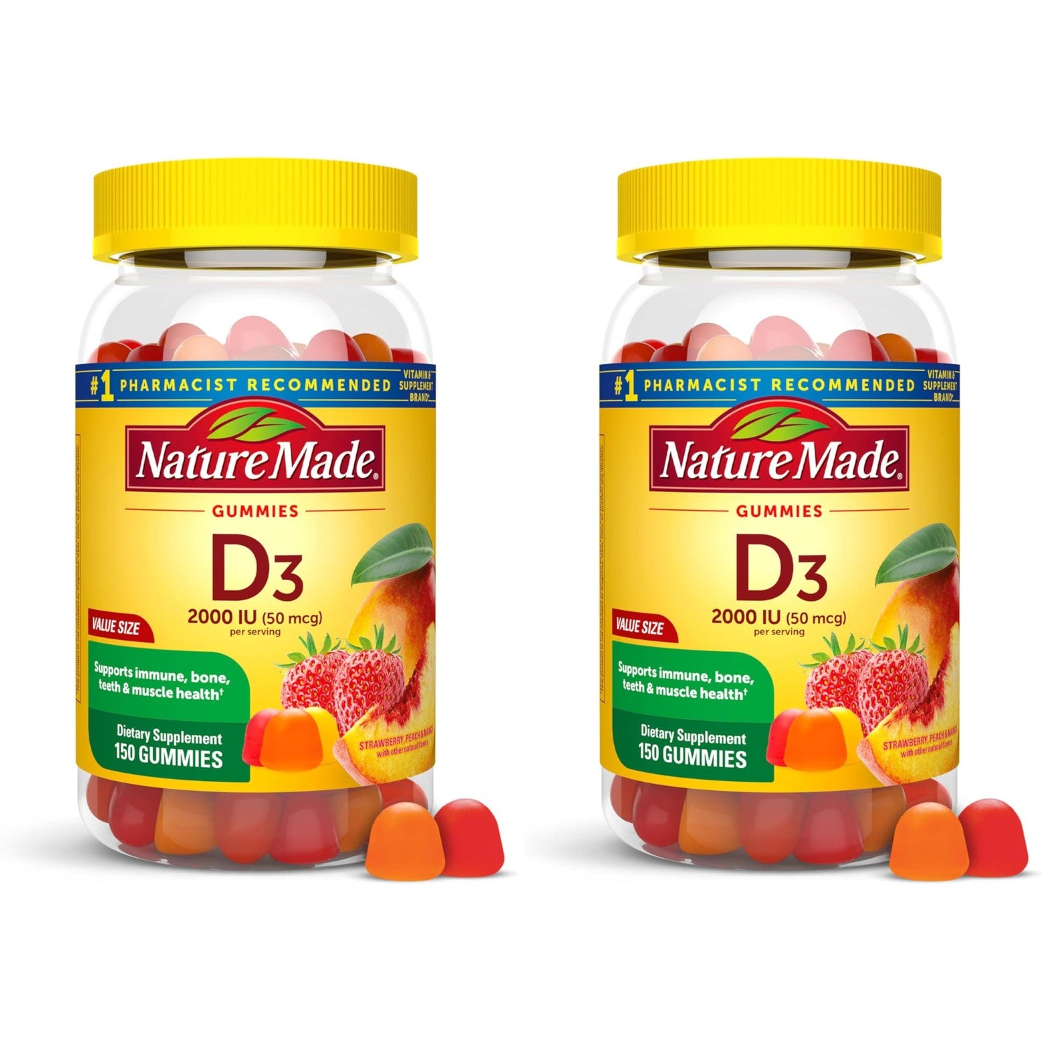 Nature Made Vitamin D3 2000 IU Per Serving Gummies,Bone,Teeth,Muscle and Immune Health Support,75 Day Supply,150 Vitamin D Gummies for Adults,(Pack of 2)