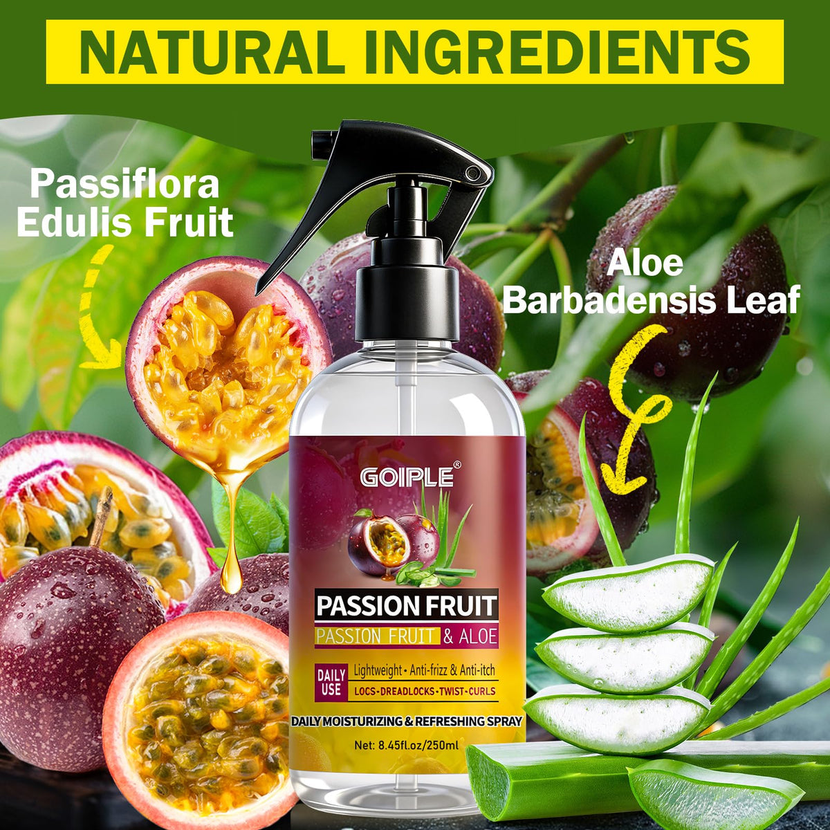 Goiple Loc Moisturizing Spray for Dull, Dry Locs - Daily Passion Fruit Hair and Scalp Moisturizer for Dreadlocks, Microlocks, Braids- Refreshing Moisturizer Loc Spray for Anti-frizz (8.45fl oz)