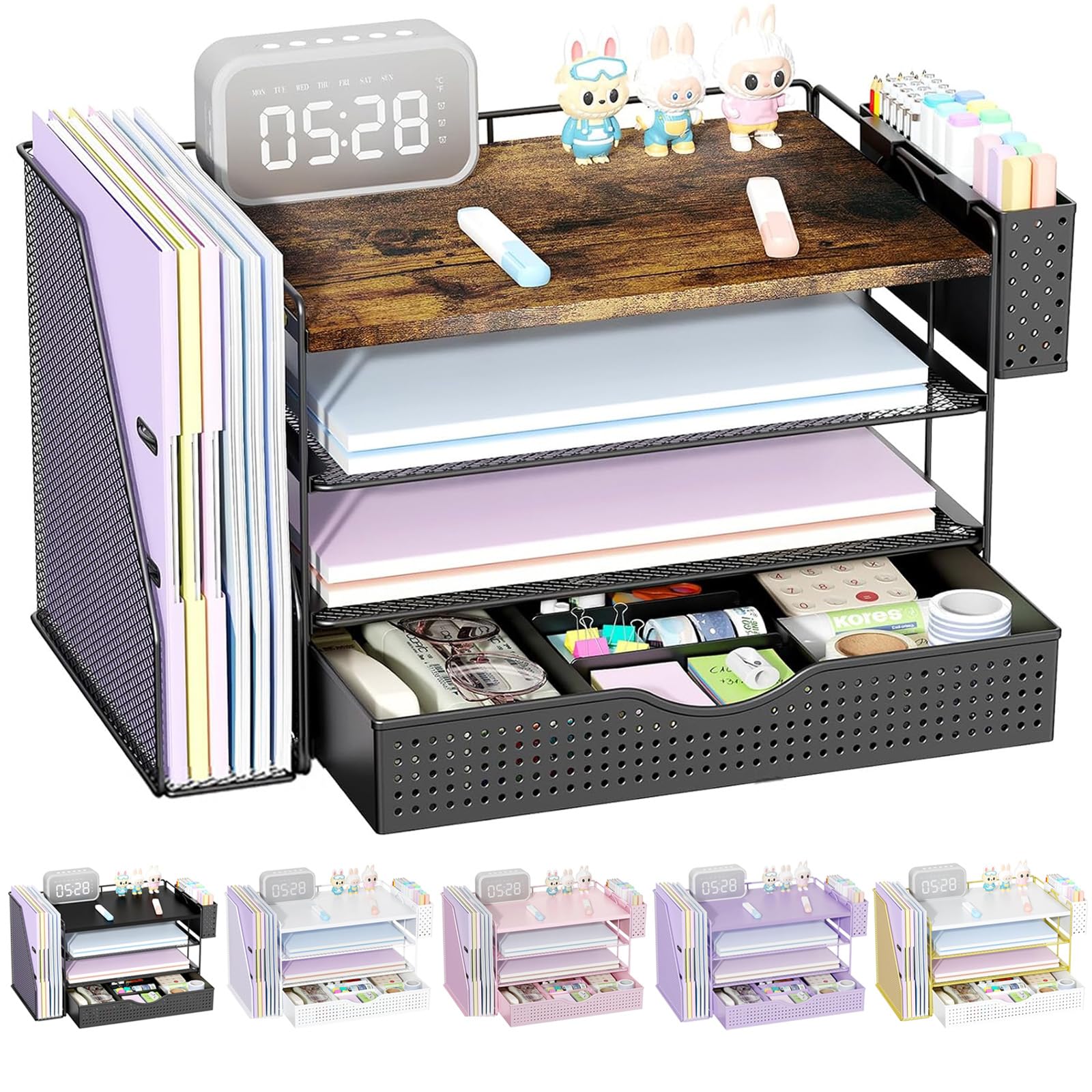 Buy now gianotter Wood Desk Organizers and Accessories with File Holder, 4-Tier Desk Accessories & Workspace Organizers with Drawer and Pen Holder, Paper Organizer for Office Supplies (Black) Wood at indiglob india