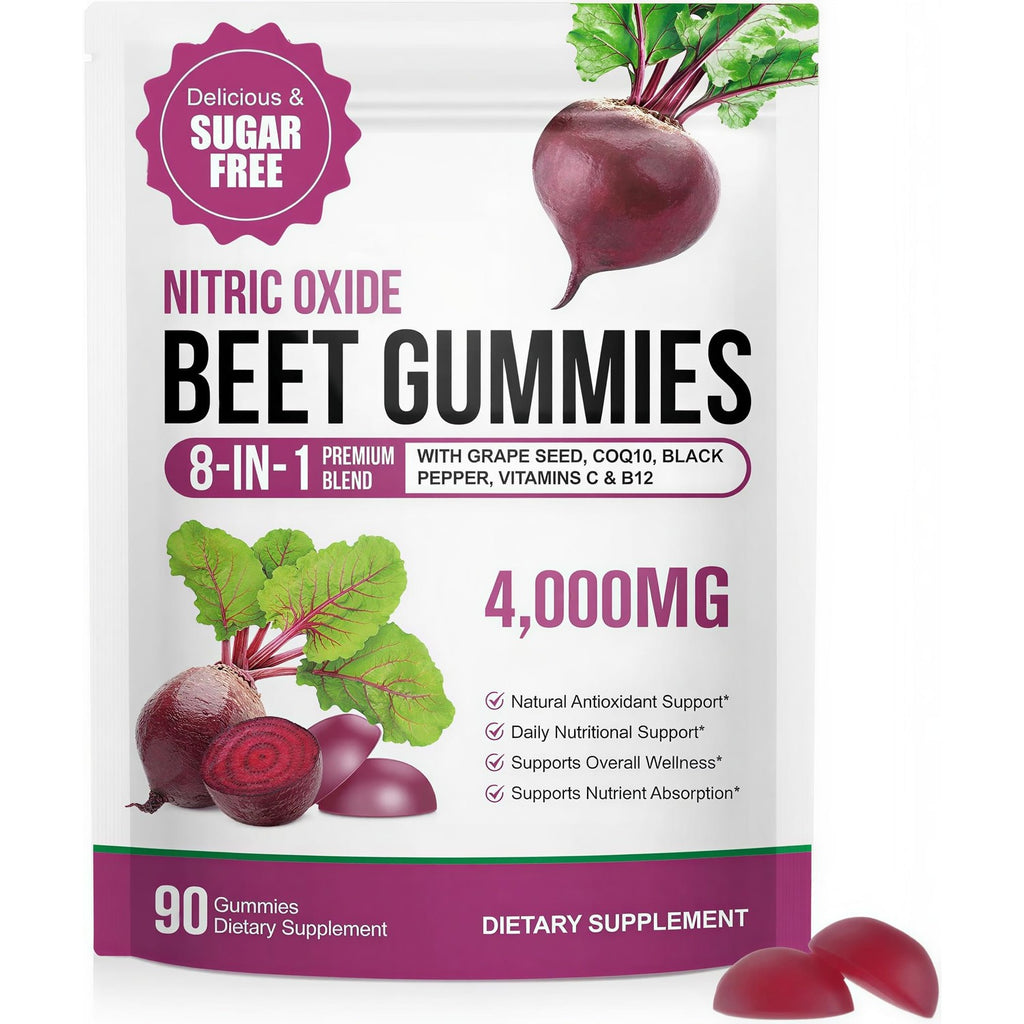 Super Beetroot Gummies, 8 in 1 Beet Root 4,000mg with Grape Seed Extract & CoQ10, Sugar Free - 90 Count (1)