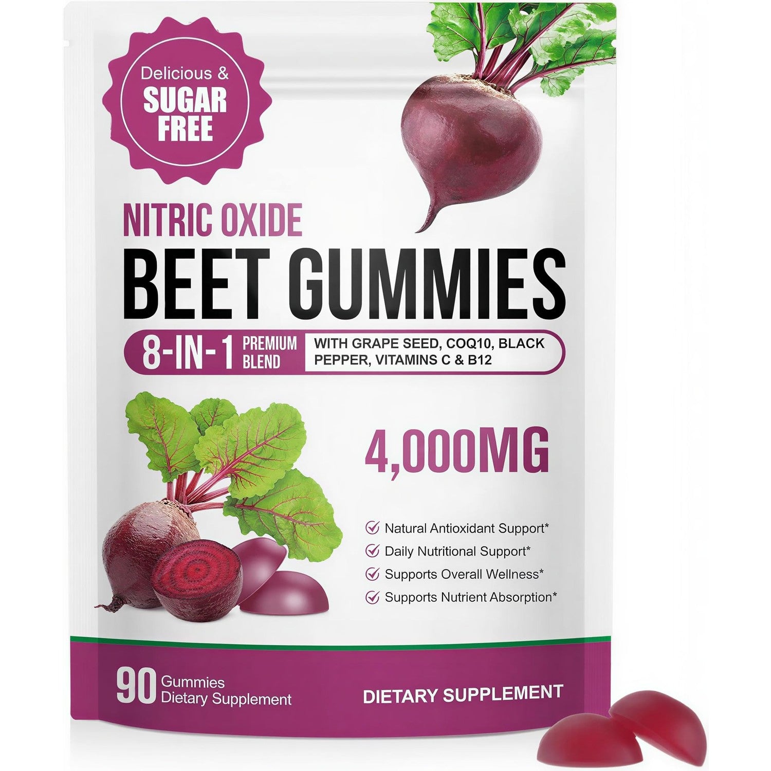 Super Beetroot Gummies, 8 in 1 Beet Root 4,000mg with Grape Seed Extract & CoQ10, Sugar Free - 90 Count (1)