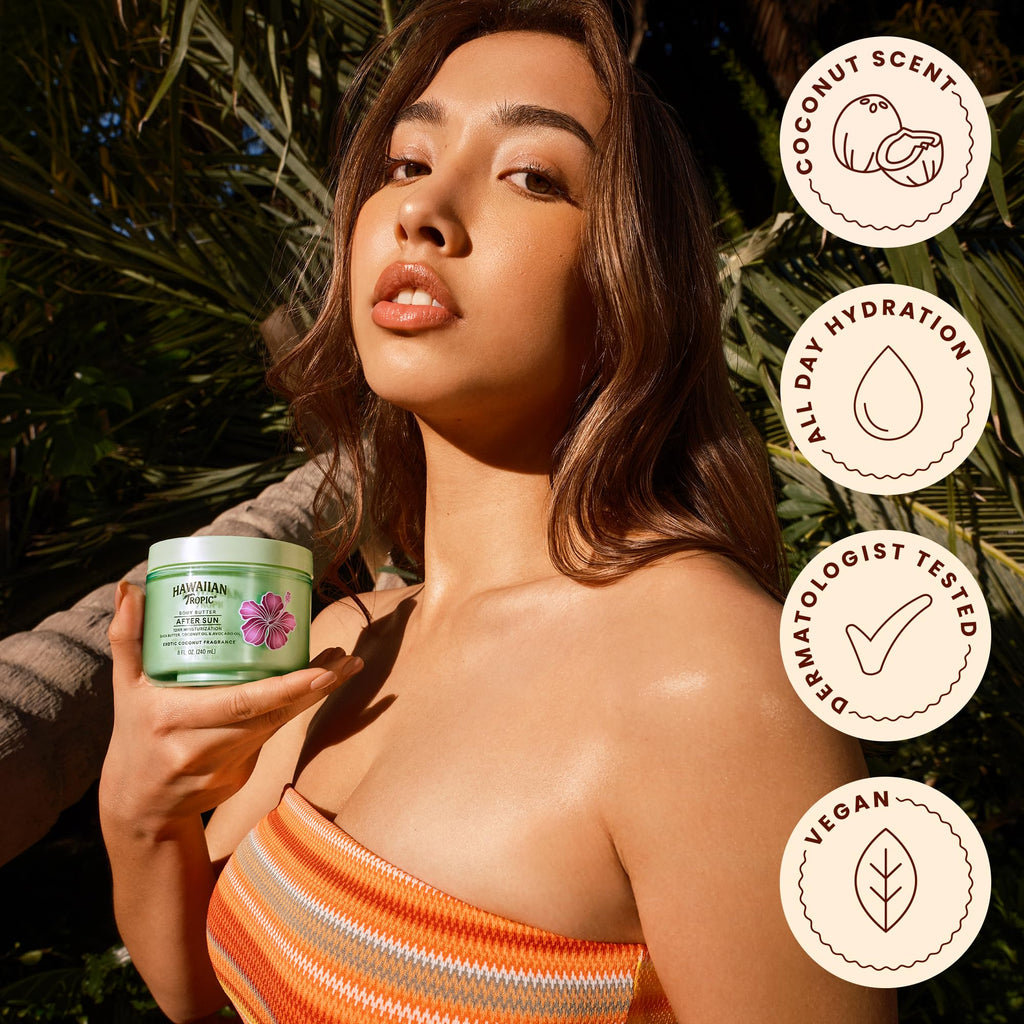 Hawaiian Tropic After Sun Body Butter with Coconut Oil, 8 Oz | Moisturizing after sun lotion, 12 hours of hydration, Coconut scent, Made with shea butter, Soothes skin