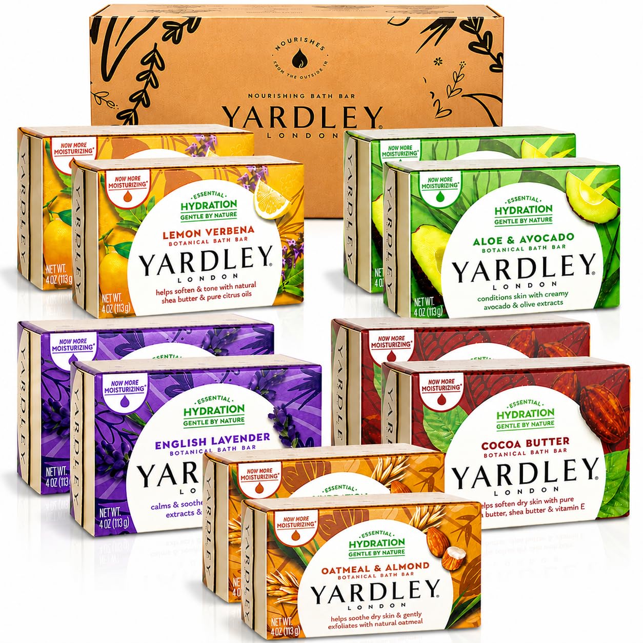 Yardley London Scented Bar Soap Variety Pack - 10 Bars Bath Soap Gift Set for Women & Men: English Lavender, Oatmeal & Almond, Aloe & Avocado, Cocoa Butter, Lemon Verbena Moisturizing Soap Bars