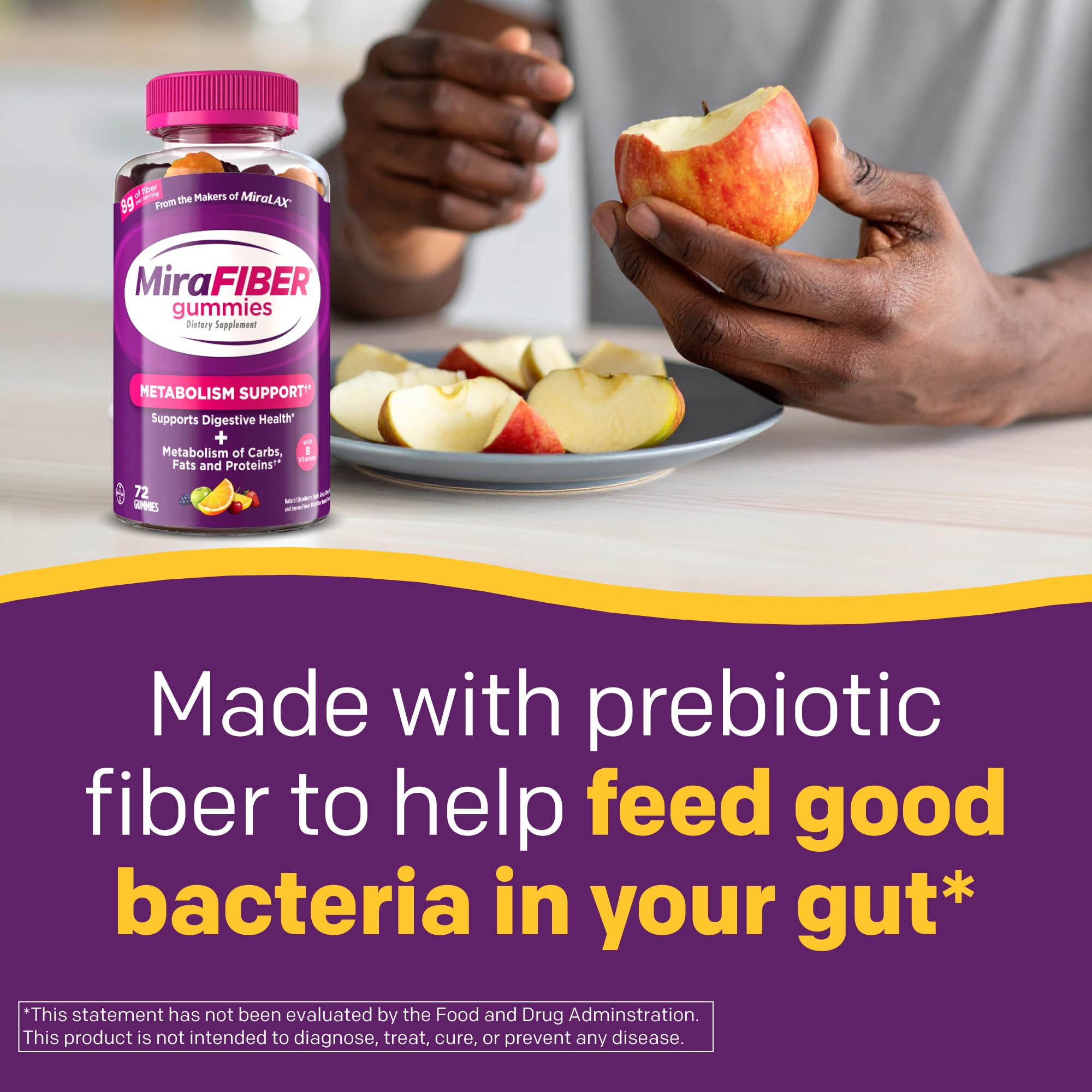 MiraFIBER Gummies, from The Makers of MiraLAX, 8g Per Serving, with B Vitamins, Metabolism Support, Gut Health for Men & Women, Prebiotic Fiber Gummies for Adults, Mixed Fruit Flavor 72Ct