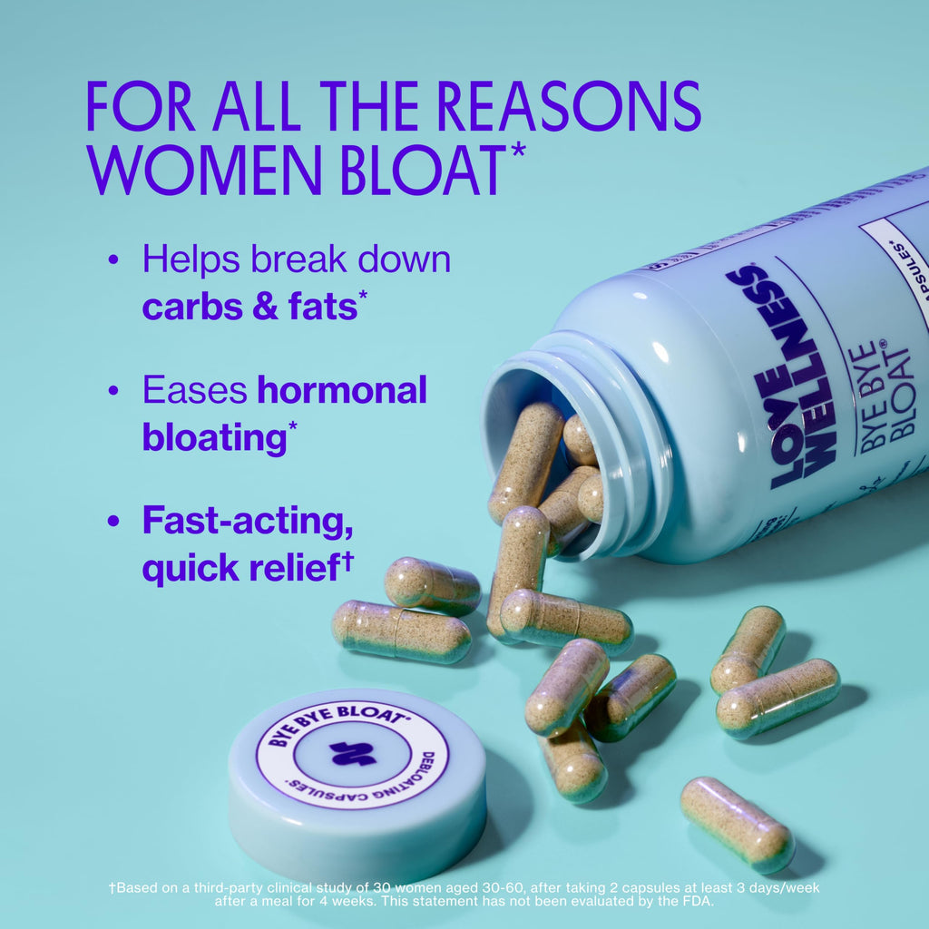 Love Wellness Bye Bye Bloat | Digestive Enzymes | 30-Day Supply | Capsules | Digestive enzyme supplement, Contains fenugreek and dandelion , Dietary supplement, Easy to take, 60 capsules