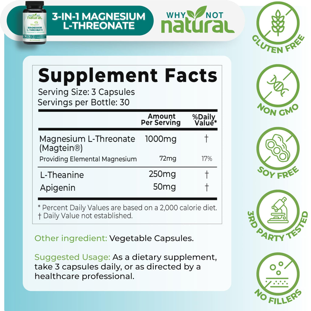 Magnesium L-Threonate Complex with Apigenin and L-theanine, 90 Capsules, Patented Magtein Supplement