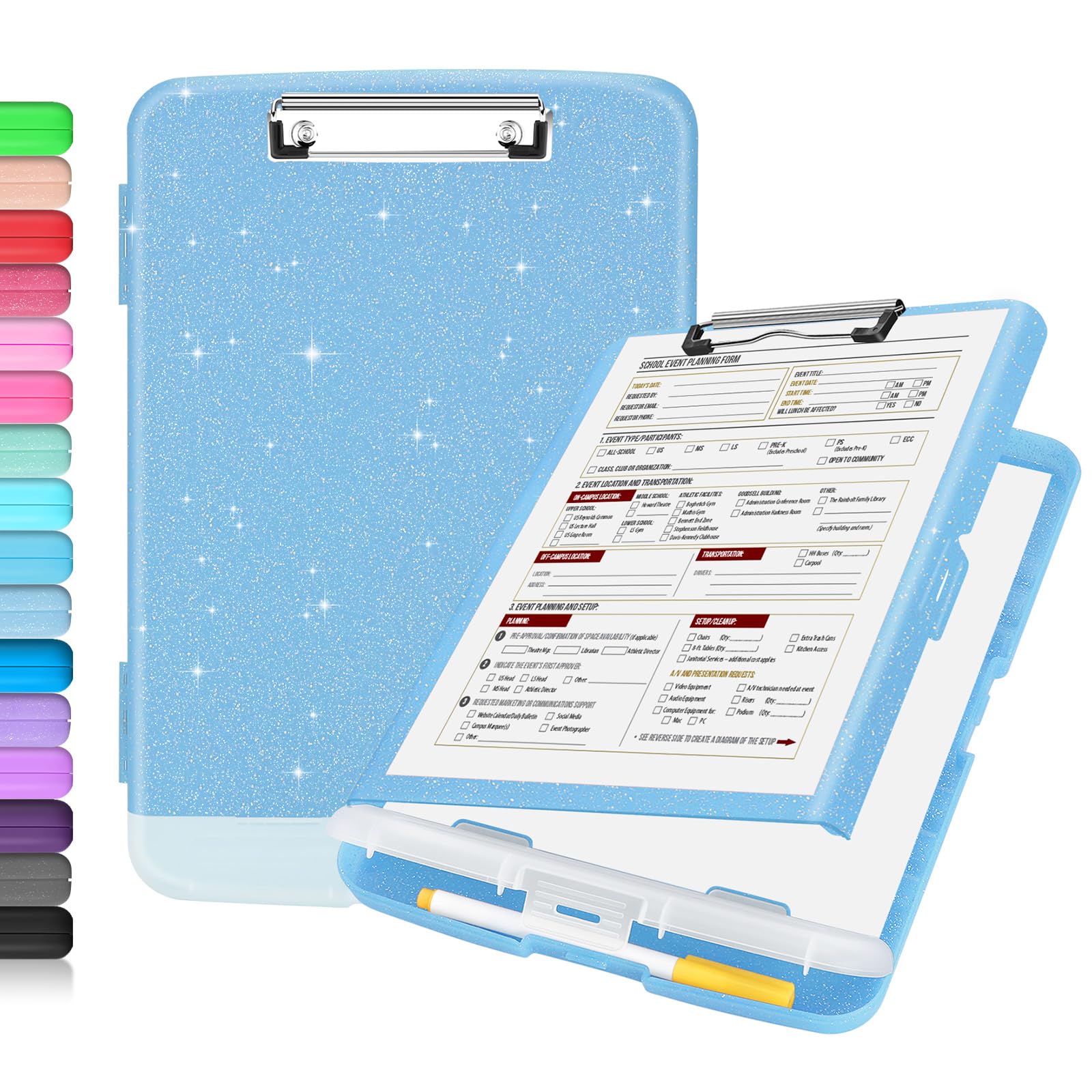 Buy now Sooez Clipboard with Storage, Clip Board 8.5 x 11 with Pen Holder, Plastic Organization Case Box for Letter Legal A4 Size Paper, Low Profile Clip, Nurses Teachers Must Haves, School & Office Supplies Glitter Blue at indiglob india