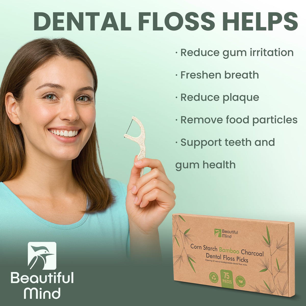 Natural Dental Floss Picks 75 Pack – Organic Biodegradable Floss Sticks with Strong Bamboo Charcoal Thread & Vegan Cornstarch Handle – No Plastics, No Artificial Flavours - Kraft Paper Box