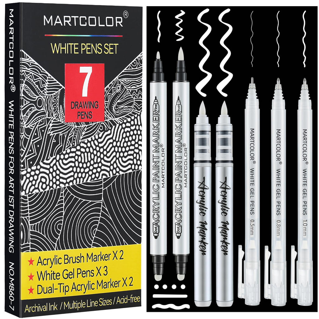 MARTCOLOR White Pens Set, 7 Pack White Gel Pen Dual-Tip Acrylic Paint Pen