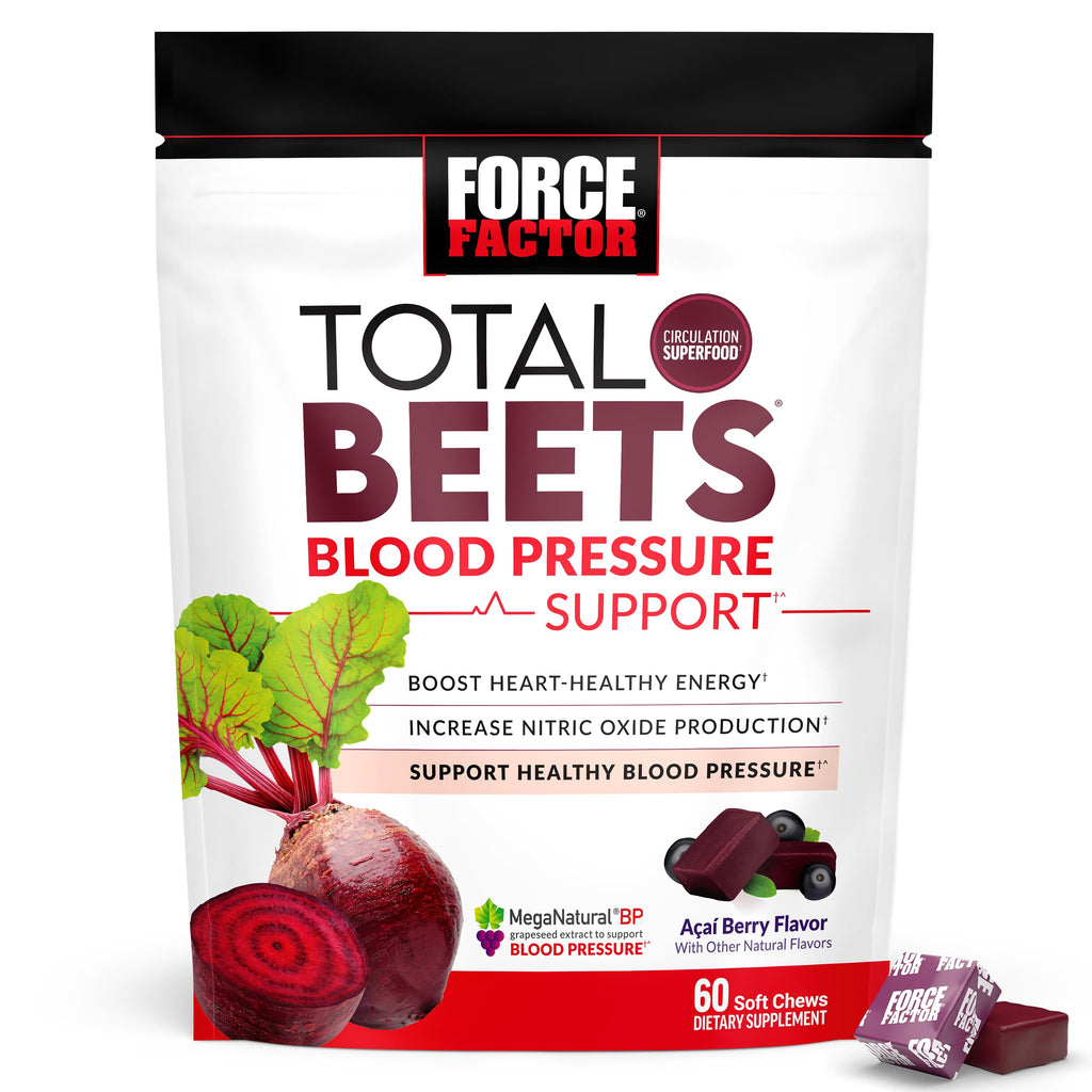 Force Factor Total Beets Blood Pressure Support & Nitric Oxide Supplement | with Beet Root Powder & Grape Seed Extract for Heart Health, Acai Berry Flavor, 120 Beet Chews, 2-Pack