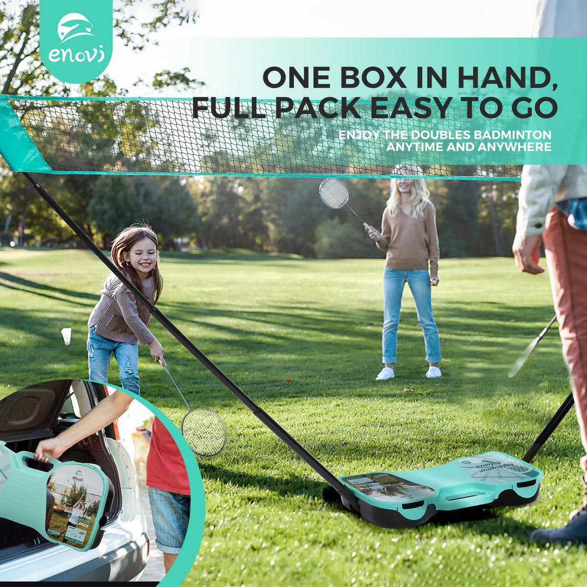 EasyGo Badminton Set with Net, 4 Rackets, 4 Shuttlecocks, Portable Storage Box, for Backyards, Outdoor Games, Yard Games