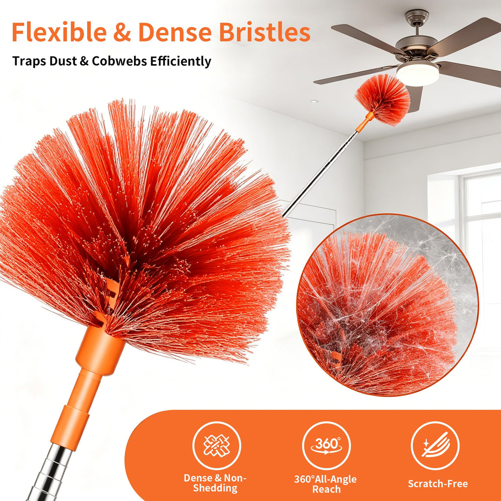 Cobweb Duster with Extension Pole, 90" Spider Web Brush, Orange