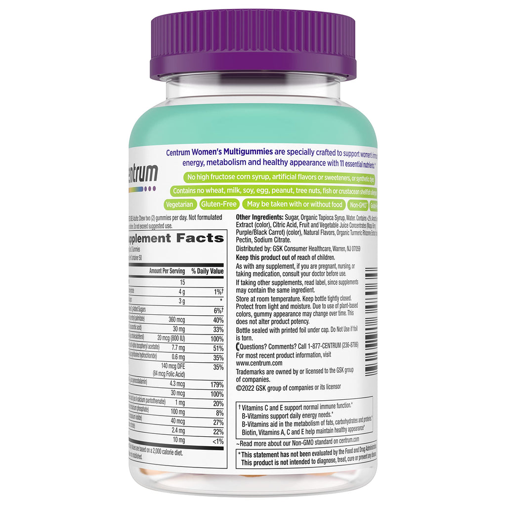 Centrum MultiGummies for Women 18 and Over, 100 Count | Contains Vitamin D3, B Vitamins and Antioxidant Vitamins C and E, Gluten Free, Non-GMO Ingredients, GLP-1 Support