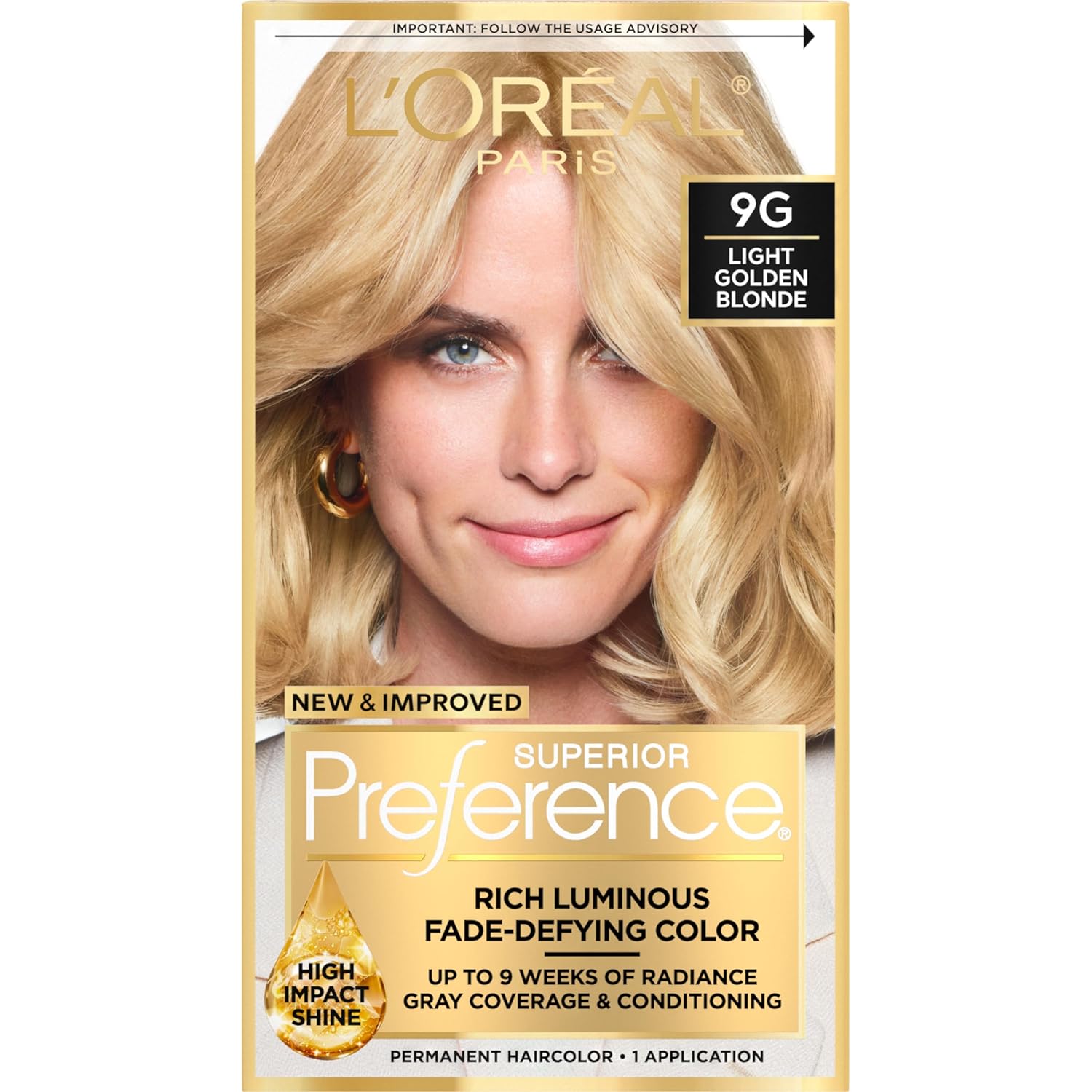 Buy now L'Oreal Paris Superior Preference Luminous Fade-Defying Permanent Hair Color, Hair Dye For Up to 9 Weeks of Radiance, Light Ash Blonde 9A, 1 Hair Dye Kit 9G Light Golden Blonde 1 Count (Pack of 1) at indiglob india