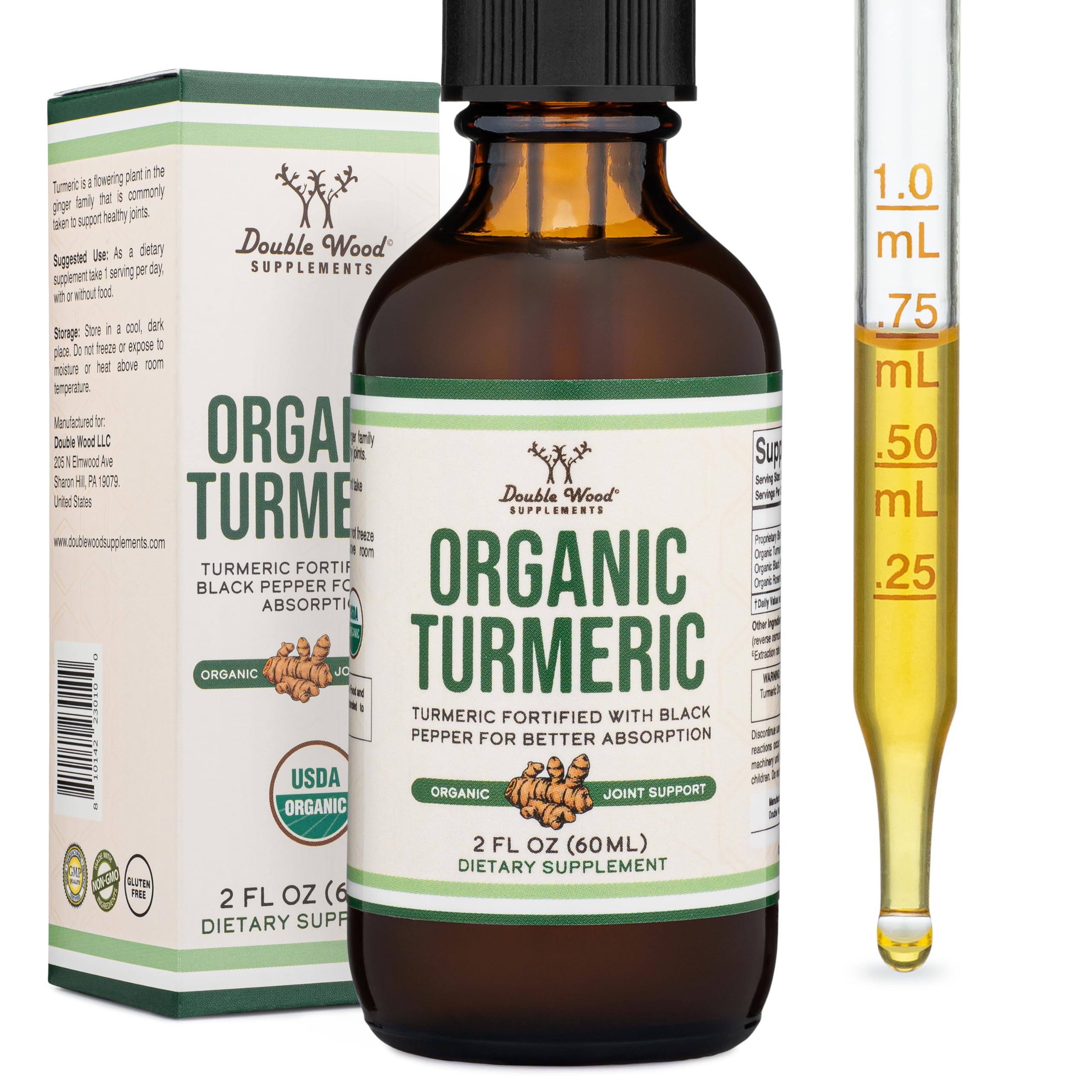 Organic Turmeric Curcumin Drops, Black Pepper + Ginger, Joint Support, 2 oz | Joint Comfort Liquid Supplement, Alcohol-Free, Black Pepper (Piperine) for Absorption, Ginger, USDA-Organic, 60 Servings