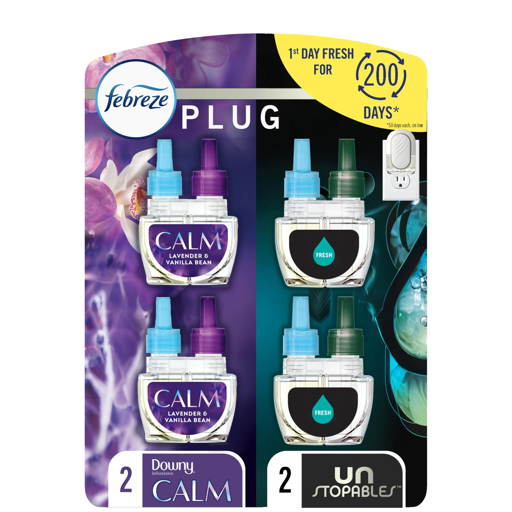 Febreze Odor-Fighting Plug in Air Freshener, Scented Oil Refill, Unstoppables Fresh and Downy Calm Scents, 4 Refills
