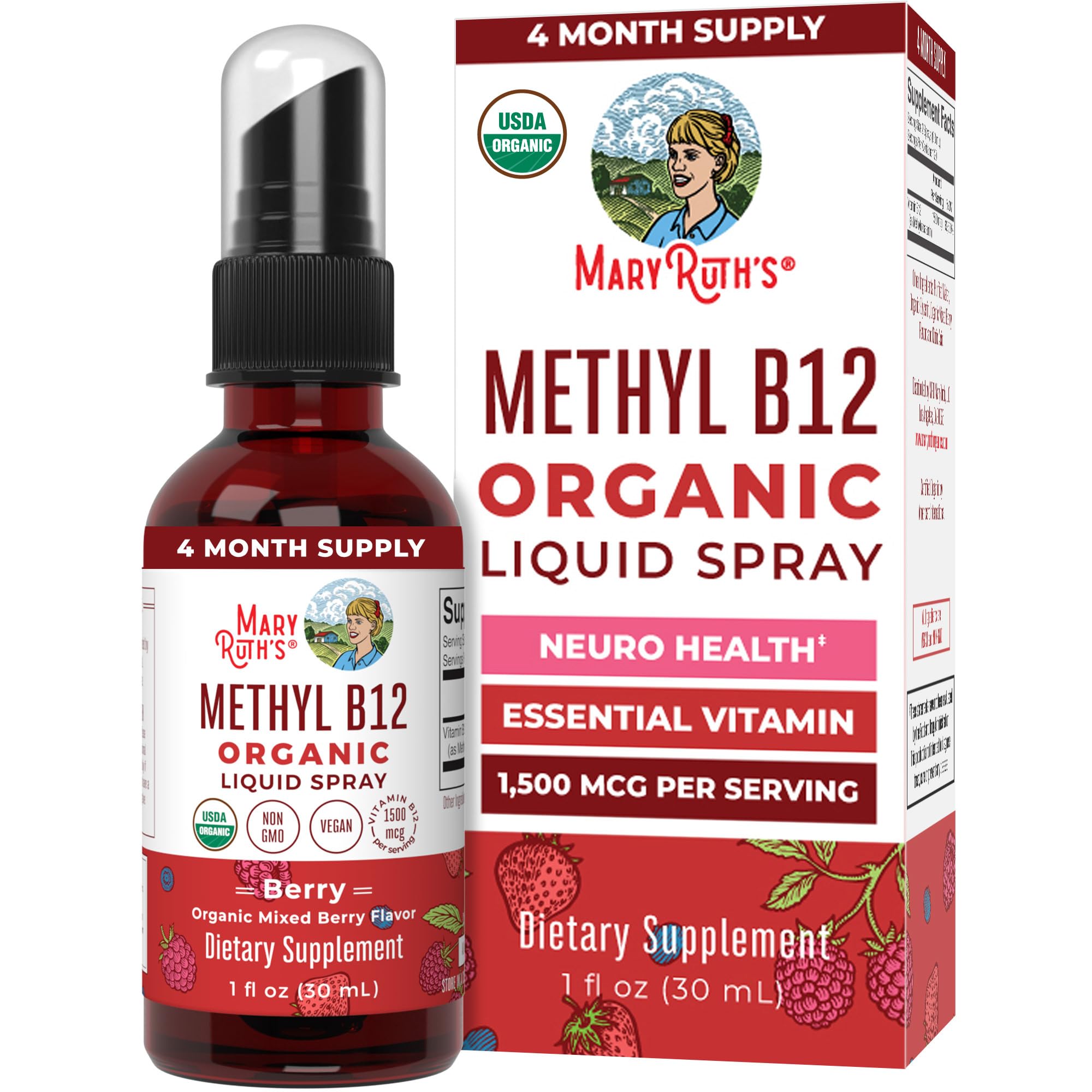 MARYRUTH'S Organic Methyl B12 Spray, 1,500 mcg B12 Per Serving, 1 Fl Oz | Energy Metabolism Support, Gluten Free, Vegan, Non-GMO