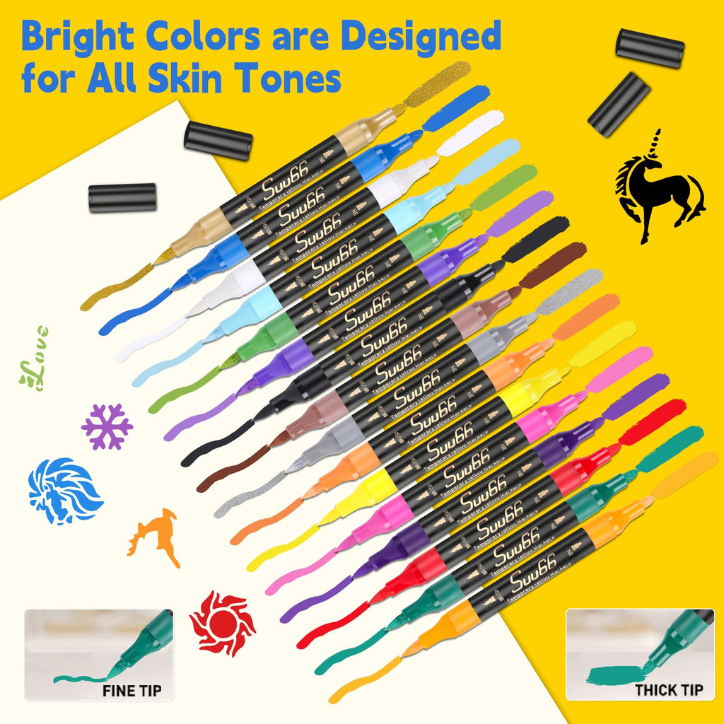Suu66 Temporary Tattoo Markers Kit, Dual-End 16 Colors with 80 Stencils for Body Art | Skin-Safe, Washable, Cosmetic-Grade | for Kids & Adults