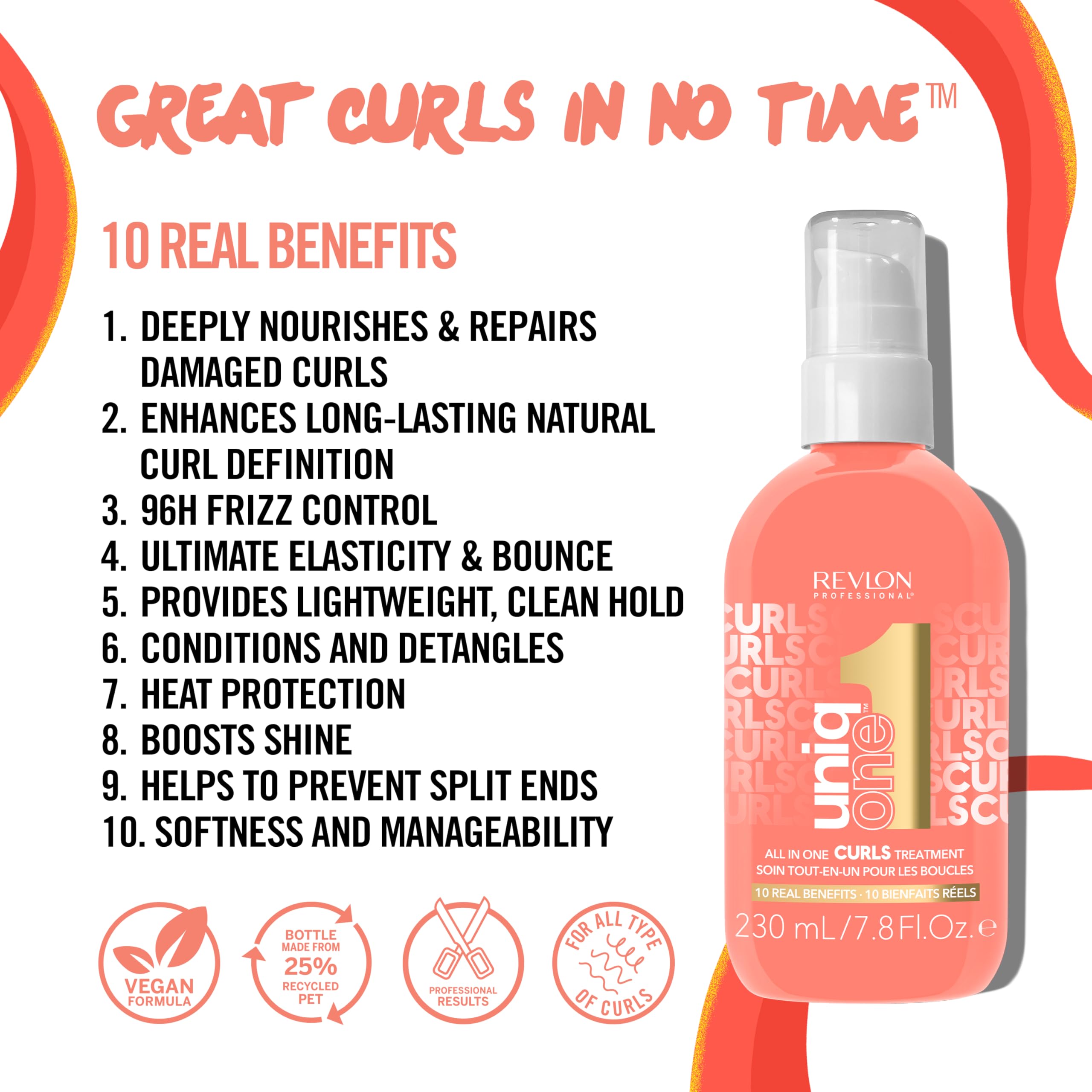 Buy now Revlon Professional UniqOne Curls Treatment, 10-in-1 Leave-In for Curly Hair, 96H Frizz Control, Deep Nourishment & Repair, Curl Definition, Heat Protection, Vegan, 7.8 fl oz at indiglob india