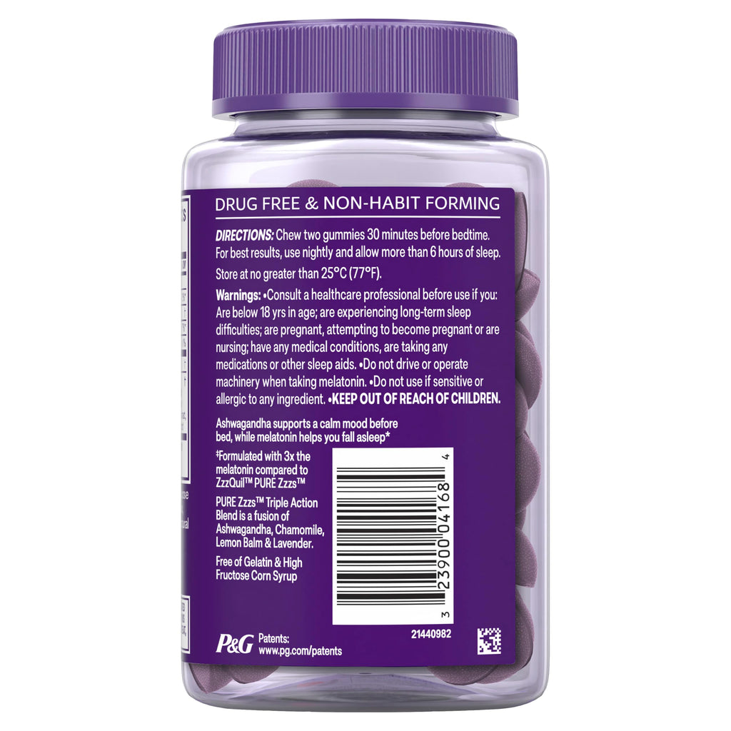 ZzzQuil PURE Zzzs Triple Action, Melatonin Gummies, Melatonin 6mg, 3X Melatonin, Sleep Aid with Ashwagandha, Calm Mood, Antioxidant Action, Sleep Aids for Adults, 60 Sleep Gummies